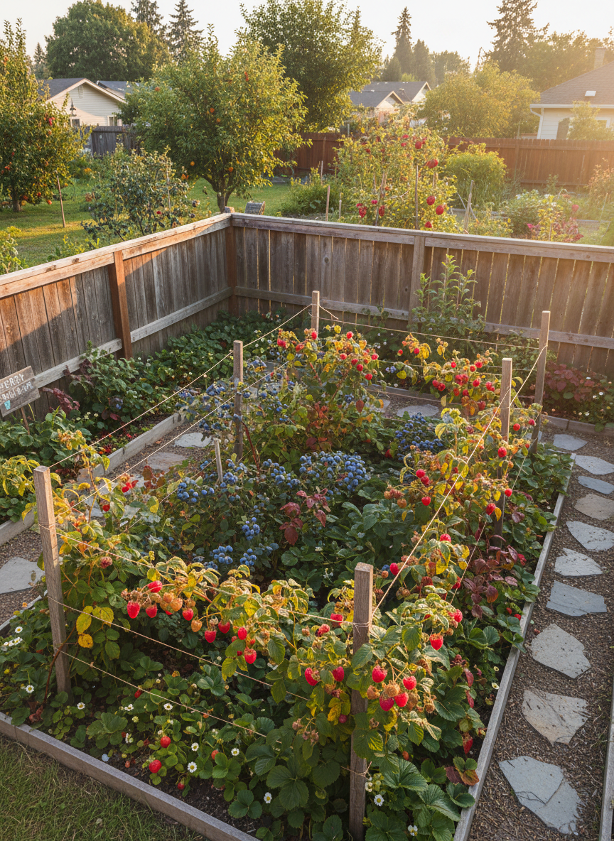 A small suburban corner garden dedicated to berries in a fifth-acre food forest, with neat yet overflowing rows of raspberry canes, blueberry shrubs in deep green and burgundy, and low strawberry groundcover beneath. Weathered wooden stakes and simple twine support the canes, while flat river stones form a meandering path between plantings. Golden hour light washes across the scene, making the berries glow like tiny jewels against the foliage. Photographic realism at a slightly elevated angle, with a balanced composition that shows both abundance and order. The mood is cheerful and abundant, capturing the delight of growing many kinds of berries in a compact suburban plot.