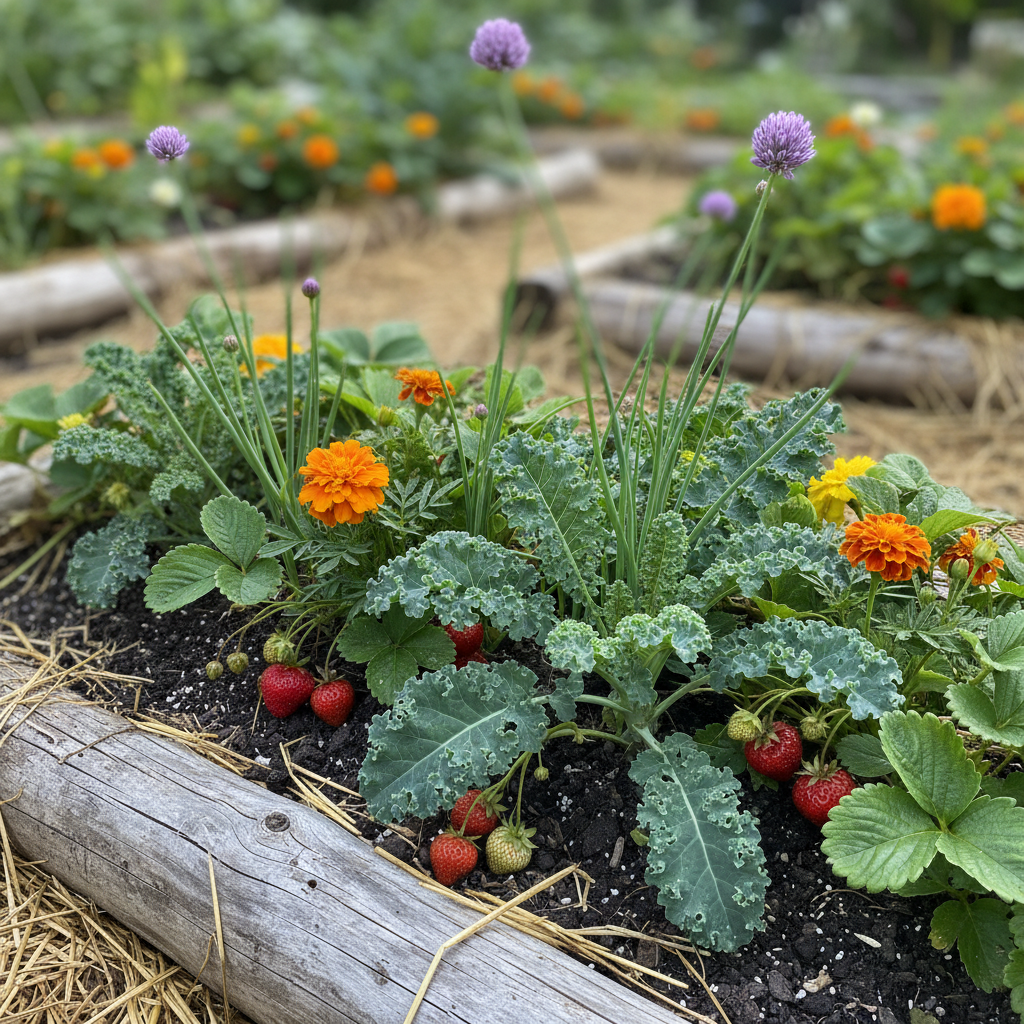 A close-up view of a mixed polyculture bed in a suburban food forest, where curly kale, marigolds, strawberries, and chives all intermingle in dark, crumbly soil. Dew sparkles on the bumpy kale leaves and glossy strawberry foliage, while tiny flower buds peek through. The bed is bordered by rough, sun-bleached logs and a scattering of straw mulch. Captured in soft morning light that creates gentle highlights on the textured leaves and tiny shadows in the soil. Photographic realism with shallow depth of field, the front plants in sharp focus and the background softly blurred. The atmosphere feels playful and experimental, celebrating the joyful chaos of companion planting in a small backyard space.