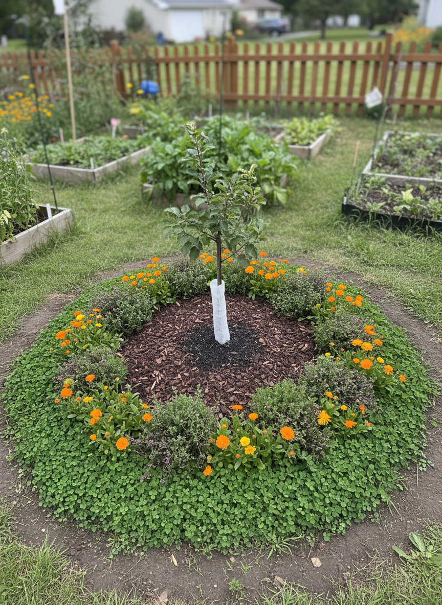A whimsical guild planting around a young dwarf apple tree in a suburban food forest, with aromatic herbs like thyme and oregano spilling over the edges, bright calendula flowers dotting the ground, and low clover creating a lush living mulch. The apple tree trunk, wrapped in a breathable white tree guard, rises from a circle of wood chips and compost-rich soil. Shot from above in a bird’s-eye view, the circular pattern of the guild forms a playful, organic mandala. Gentle, diffused overcast light provides even illumination, enhancing the greens, oranges, and soft earth tones with photographic realism. The atmosphere feels curious and educational, as if illustrating how many plants can happily share one small space.